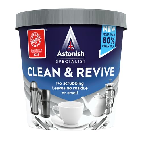 Astonish Specialist Clean & Revive Foaming Powder For Tea Pots, Coffee Mugs, & Stainless Steel - No Scrubbing, No Residue - Removes Tough Ingrained Stains Left By Dishwashers For Like New Shine, 350g