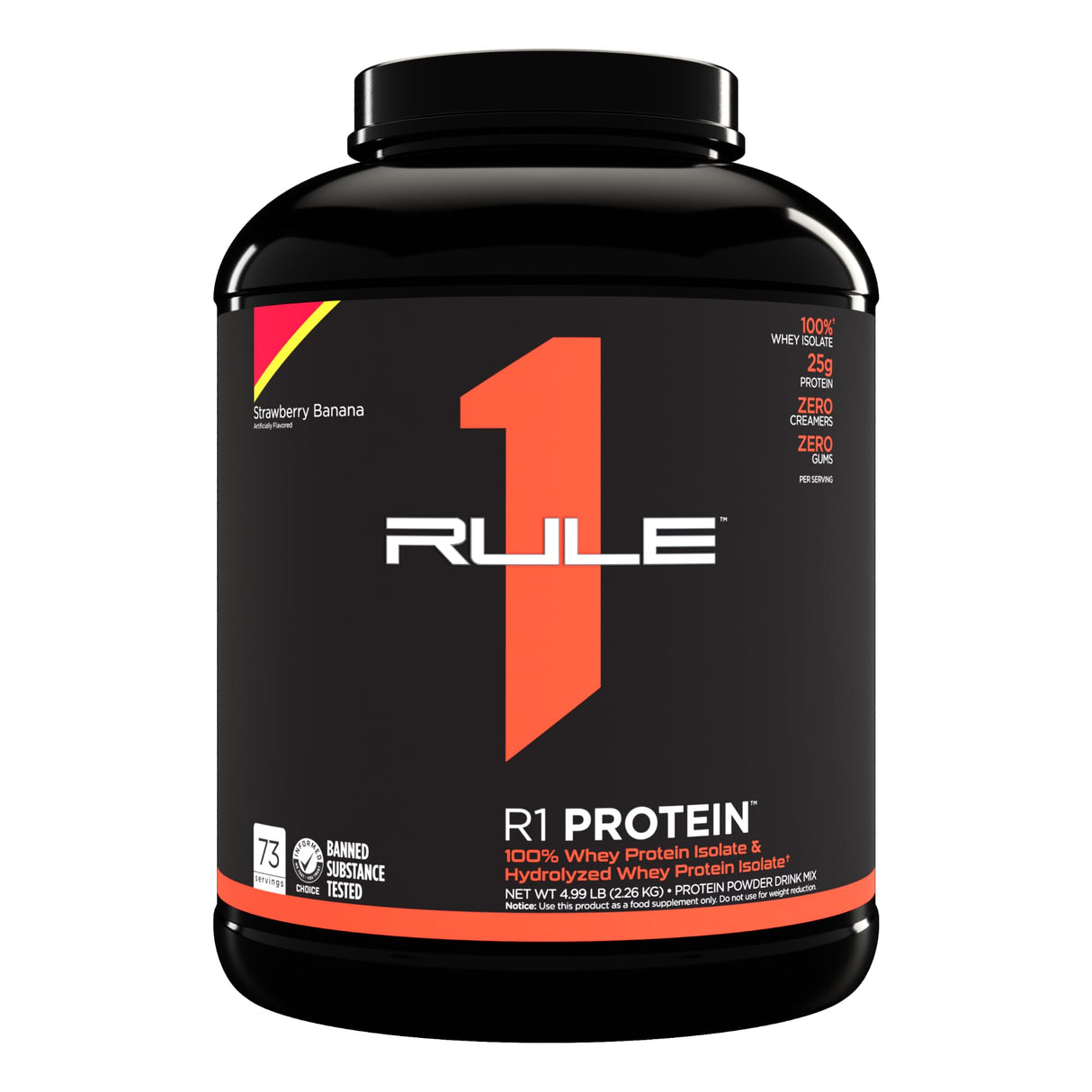 Rule 1 R1 Protein, Strawberry Banana - 5.19 lbs Powder - 25g Whey Isolate & Hydrolysate + 6g BCAAs - 73 Servings
